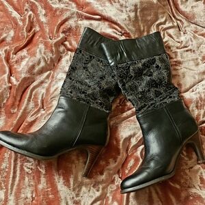 Nine West Vtg Pony Hair & LeatherLaser cut Mid-calf heeled Boots Size 5.5 Black